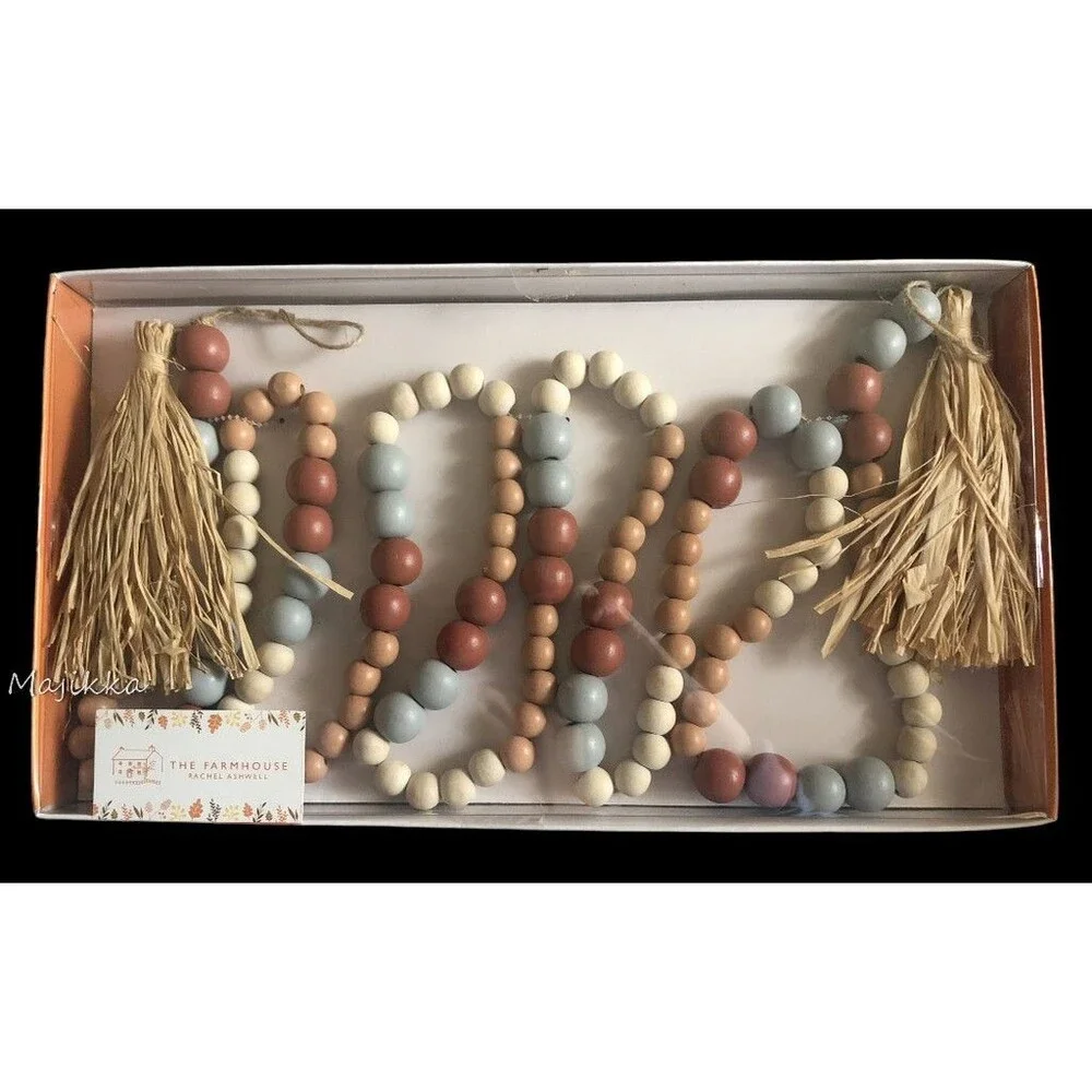 The Farmhouse Wooden Beads Jute Straw Tassels 6 Foot Garland Neutral Beige Cream